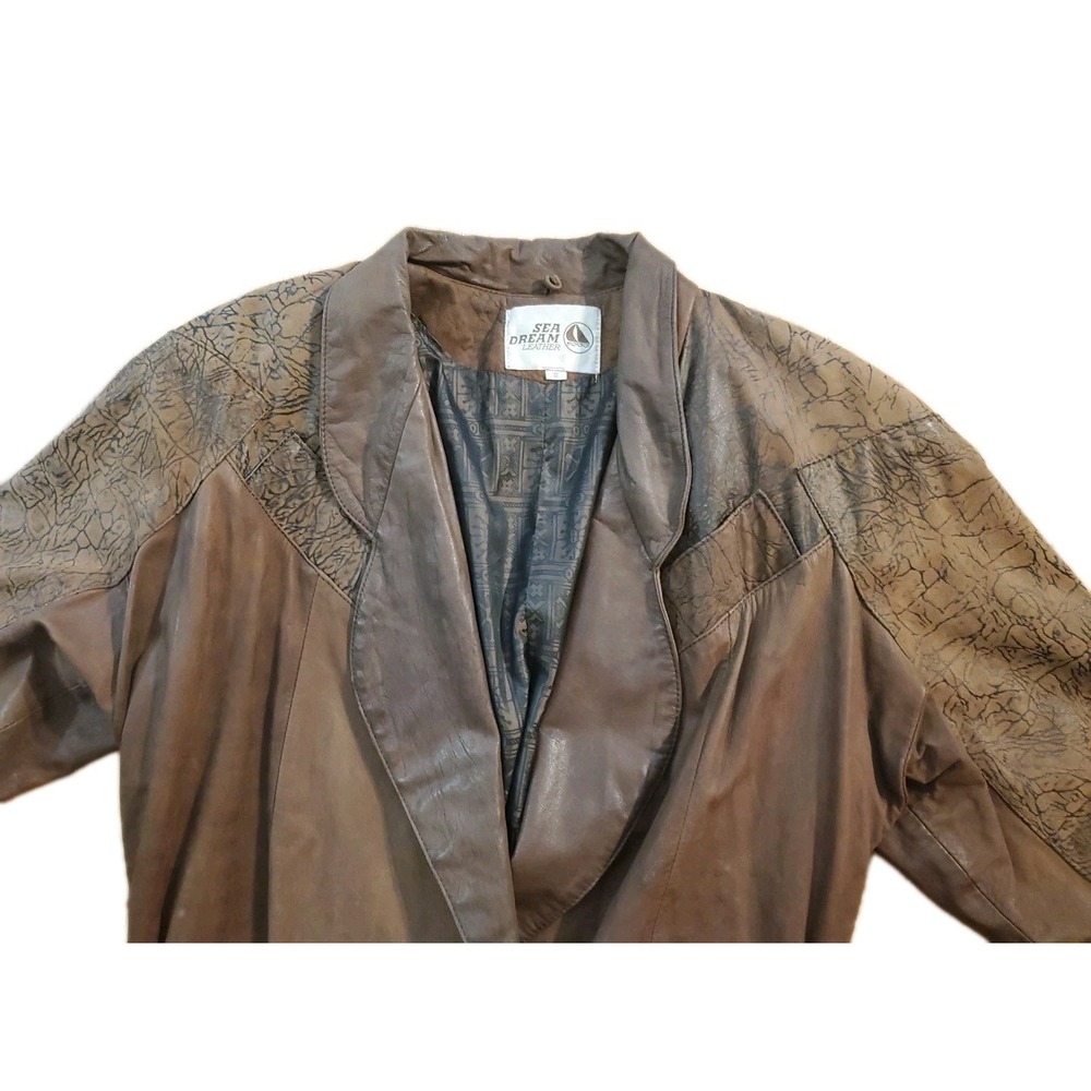 Sea Dream Leather Long Coat Sz S Oversized 80s Shoulder Pads Textured Patchwork